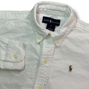 Ralph Lauren Button Down Shirt Boys 7 White Cotton Oxford Flesh Pony Logo